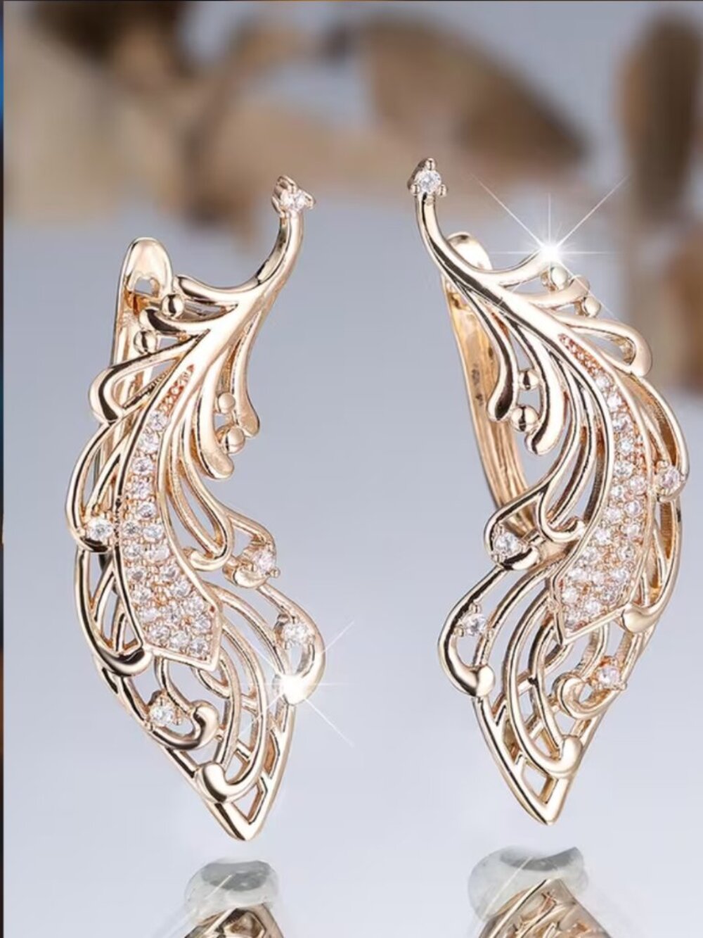 Earrings Hollowed out Feather-Shaped Rose Gold Embellished with Rhinestones